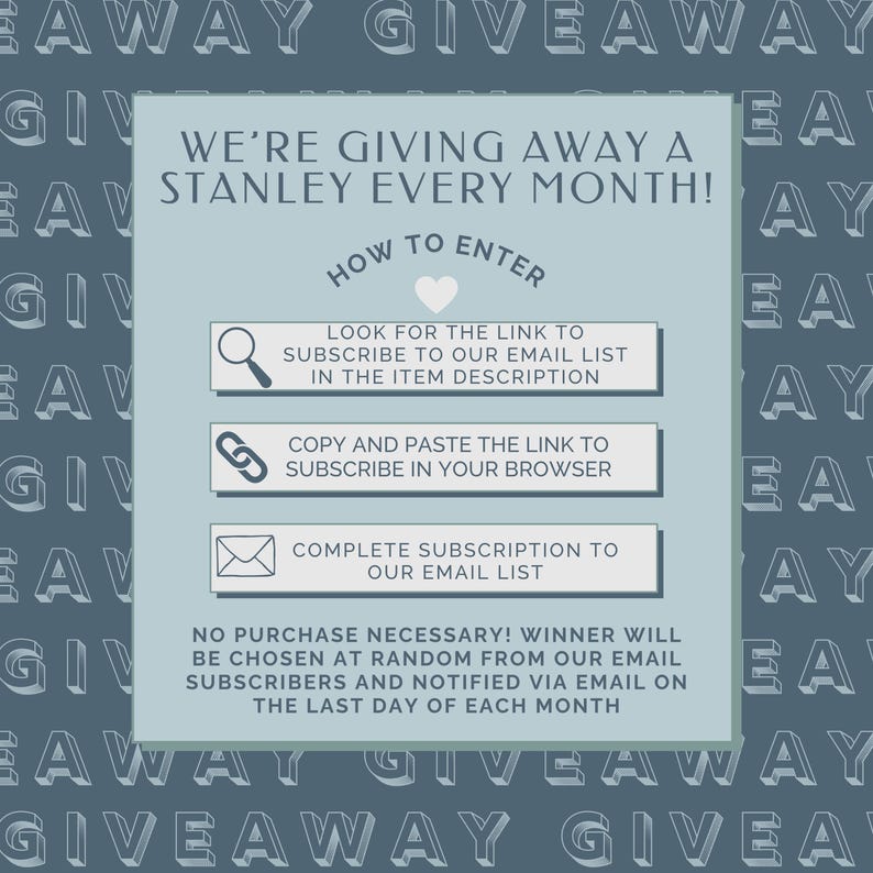 May include: A promotional graphic with a blue background and the words "GIVEAWAY" repeated. The central panel says "We're giving away a Stanley every month!" and provides instructions on how to enter the giveaway.