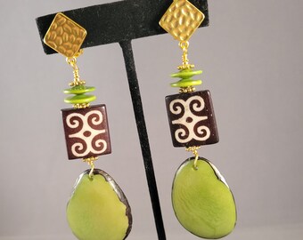 Adinkra Adorned clip on earrings with green Tagua nut and brown batik bone