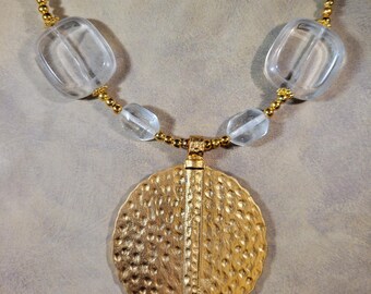 Clear Glass Statement Necklace | Hammered Gold Pendant | big, bold, chunky | Boho Tribal Chic -Clearly Stated