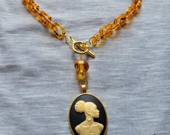African Woman Cameo Y-Necklace | Black & Ivory Pendant, Tortoise-Color Chain | Bold Afrocentric Chic | Radiant Inspiration Collection -Roni