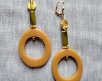 Olive & Honey Yellow Tribal Statement Earrings | Gold African Baule beads | Bold, Long | Boho Afrocentric Chic -Everyday Luxe