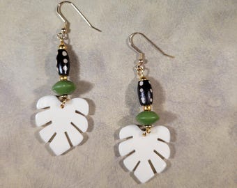 Monstera Leaf Dangle Earrings | Batik Bone, Brown Off-white Dots, Olive Green | Boho Tribal Gift for Plant Lover | Long, Lightweight