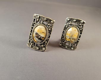 Orange Marble Clip-on Earrings | Antiqued Silver Setting, Gray, Black, White | Boho Urban Chic Gift for Her -Circuitry