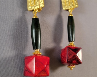 Cubicle Crimson clip-on statement dangle earrings | black horn tube, red cube, gold clips | bold, long, lightweight, non-pierced