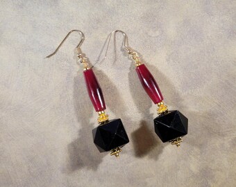 Burgundy & Black Statement Earrings | Horn Tube, Cube, Gold Surgical Steel Ear Wires | Long, Chunky, Bold, Lightweight - Cubicle