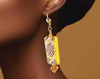 Yellow & Brown Anaconda Print Earrings, Amber Glass Beads, Pierced or Clip-On | Snake Print Jewelry Gift