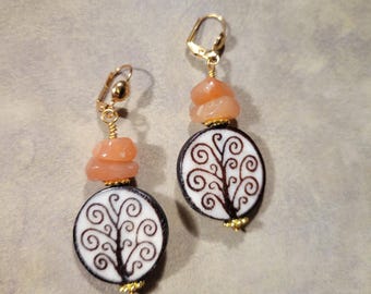 Tree of Life earrings | Peach Agate stone, brown & off white Batik Bone | pierced or clip-on | bold tribal boho Afrocentric