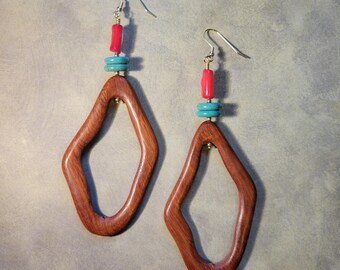 Bayong Wood Statement Earrings | Tan, Red Coral, Turquoise Magnesite | Bold, Long, Lightweight | Urban Chic -Longing