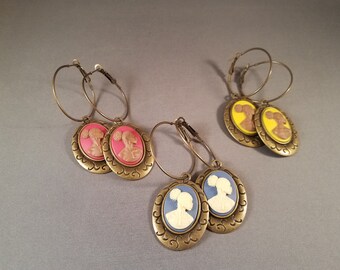 Créoles camée femme afro-américaine | bleu ivoire jaune rouge brun | Gros gras | Collection Inspiration radieuse -Nicole