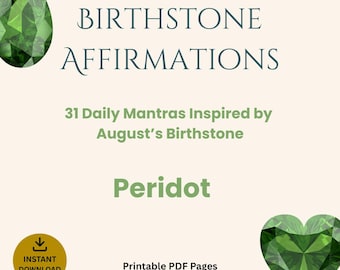 August Birthstone Affirmation Set | 31 Printable Peridot Gemstone Cards Birthday Gift for Abundance & Renewal | Digital Download