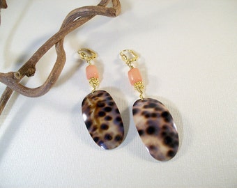 Tigress Sun earrings / YD-271E / pierced or clip on tiger cowrie shell / Mother's Day gift for mom