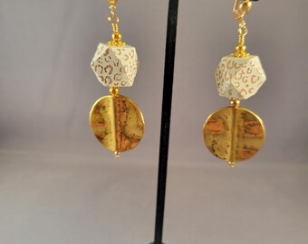 White Leopard Print & Gold Earrings, pierced or clip-on | Faceted Wood | Long, Chunky, Boho Tribal Chic -Coin + Cube