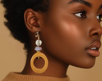 Taupe & Honey Yellow Tribal Statement Earrings | Gold African Baule beads | Bold, Long | Boho Afrocentric Chic -Everyday Luxe