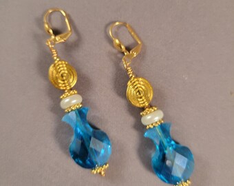 Blue Glass & White Pearl Earrings | pierced or clip-on | Aurora Borealis Finish, Gold African Baule beads | Tribal Chic -Cinched