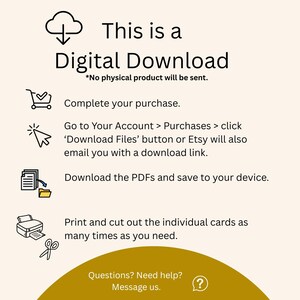 May include: A beige graphic with instructions for a digital download. Text includes "This is a Digital Download" and steps for completing a purchase, downloading files, and printing. A cloud icon and shopping cart are also shown.