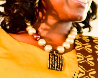 Corn Inlay & Coco Shell Pendant Necklace | Chunky Wood Bead Statement Jewelry | black, metallic burgundy and beige | Bold, large - Marooned