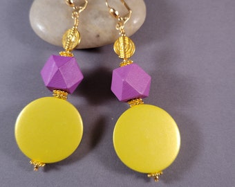 Purple & Yellow Color Block Statement Earrings, pierced or clip-on | Wood, Gold African Baule beads | Long, Chunky -Lemon Grape