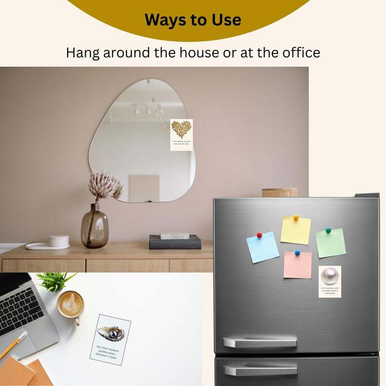 May include: An image showcasing various uses for decorative magnets. The magnets are displayed on a refrigerator, a mirror, and a desk. Text on the image reads "Ways to Use" and "Hang around the house or at the office."