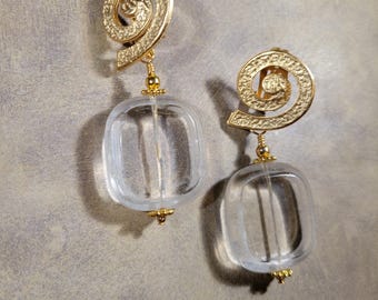 Clear Glass Clip-on Statement Earrings | Vintage Gold Clips for Non Pierced | Bold, chunky | Boho Chic -Clearly Stated