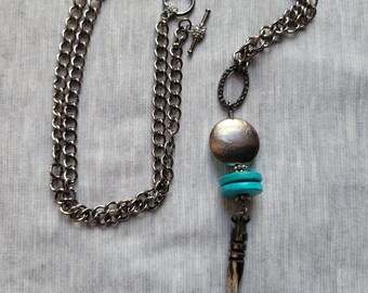 Long Chain Necklace | Gray Batik Bone Pendant, Turquoise Wood, Opera Length | Boho Chic Gunmetal Jewelry -Storm Cloud