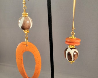 Mismatched Giraffe Print Statement Earrings | Brown & White Wood, Orange Coco Shell | Long, Boho Tribal Safari Chic for Edgy Style -Wildly