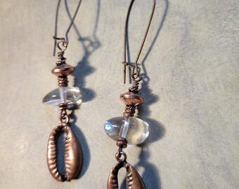 Crystal Quartz & Copper Cowrie Shell Dangle Earrings | Clear Gemstone | April Birthstone Gift for Her  -Master Healer