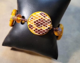 Yellow & Brown Snake Print Bracelet | Glass Beads, Shell | Bold, Big, 9 inch | Boho Tribal Gift for Larger Wrist