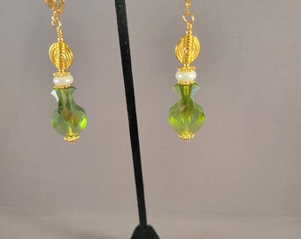 Green & White Pearl Glass Earrings | pierced or clip-on | Aurora Borealis finish, Gold African Baule beads | Tribal Luxe -Cinched