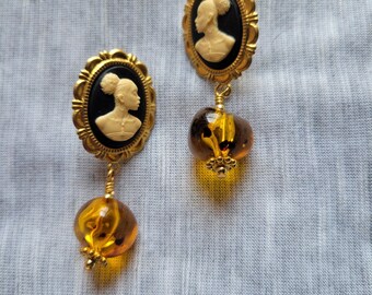 African Woman Cameo Drop Earrings | Black & Ivory postback, Tortoise Color | Afrocentric Style | Radiant Inspiration Collection -Roni