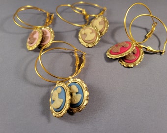 Jean hoop earrings / blue, pink, beige, red pierced African American cameo from The Radiant Inspiration Collection