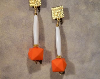 Orange Cube Clip-on Statement Earrings | White Bone Tube, Gold | Long, Big, Dangle | Boho Chic -Cubicle