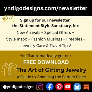 May include: A promotional graphic with text for a newsletter. It features a gold envelope icon, the website address, and the phrase "Sign up for our newsletter." The text lists benefits like new arrivals and freebies. A gift box graphic is also included.
