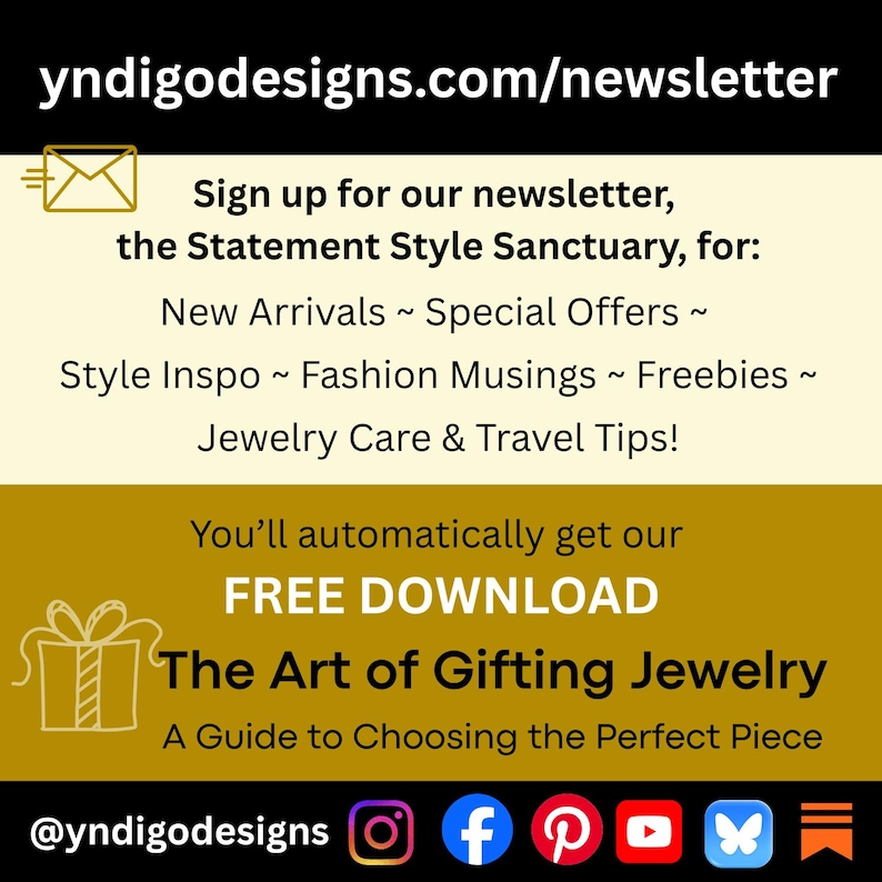 May include: A promotional graphic with text for a newsletter. It features a gold envelope icon, the website address, and the phrase "Sign up for our newsletter." The text lists benefits like new arrivals and freebies. A gift box graphic is also included.