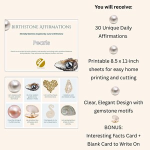 May include: A printable sheet with the text "BIRTHSTONE AFFIRMATIONS" and "Pearls". The sheet includes 30 daily mantras, gemstone motifs, and a bonus facts card. The design is clear and elegant.