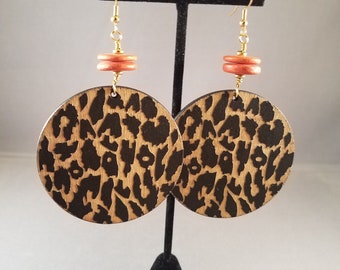 Leopard Liaison with orange earrings pierced or clip on | bold safari afrocentric earthtone