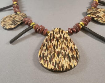 Chunky Teardrop Necklace | Bold Boho Collar for Maximalist Style Lover | Acacia Seed, Bamboo Coral & Corn Inlay | Black, Tan, Maroon