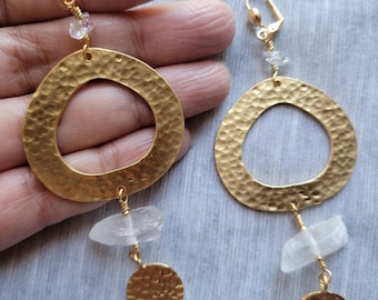 Crystal Quartz & Hammered Gold Dangle Statement Earrings | Clear | Bold, Long, Chunky | April Birthstone Gift -Amplified
