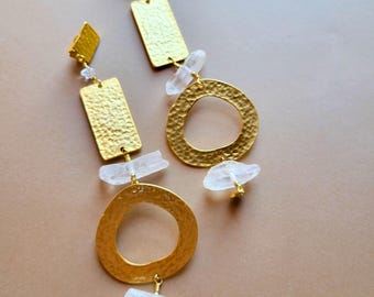 Crystal Quartz & Hammered Gold Clip-on Shoulder Duster Earrings | Clear | Bold, Long, Chunky | April Birthstone Gift -Amplified