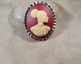 Robin brooch | red & ivory, silver | African American woman cameo pin | oval, bold, dressy casual | Radiant Inspiration Collection