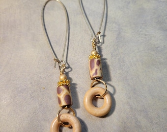 Giraffe Print Dangle Earrings | brown tan fimo, wood, gold | long, lightweight | Boho Tribal Afrocentric Style