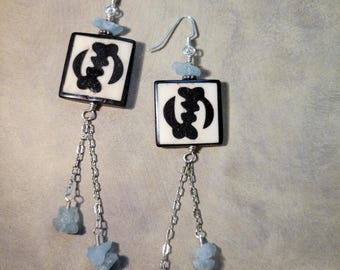Adinkra Chic earrings with Aquamarine gemstone | Brown & White Batik Bone, Gye Nyame symbol, Sterling Silver | March Birthday Gift