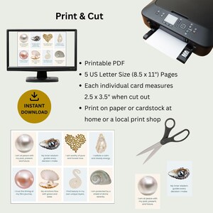 May include: A digital download product displayed on a computer monitor, with a printer and scissors. The product includes printable cards with inspirational quotes and images of pearls and shells. The cards measure 2.5 x 3.5 inches when cut out.