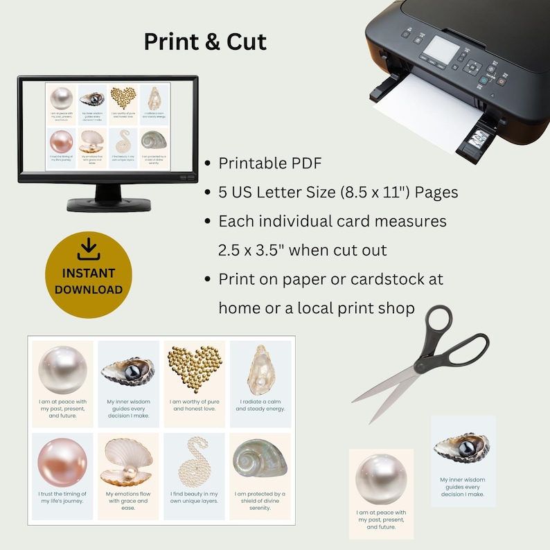 May include: A digital download product displayed on a computer monitor, with a printer and scissors. The product includes printable cards with inspirational quotes and images of pearls and shells. The cards measure 2.5 x 3.5 inches when cut out.