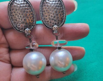Crystal Quartz & White Faux Pearl Clip-on Earrings | Vintage Gunmetal Gray Clips | Bold, Chunky Statement Jewelry -Harmony