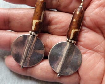 Batik Bone & Antiqued Silver Statement Earrings | Brown, Neutral | Bold Afrocentric Jewelry for Tribal Style Lover -Coined the Phrase