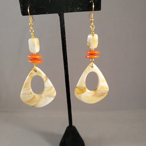 Marbled Tears earrings - orange | brown caramel white swirl, orange Tagua nuts | bold, long, lightweight | Boho Afrocentric tribal chic
