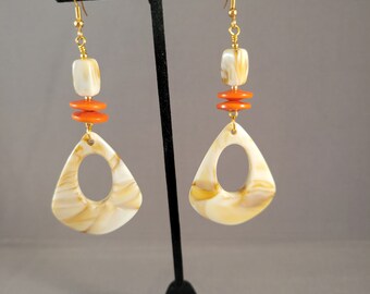 Marbled Tears earrings - orange | brown caramel white swirl, orange Tagua nuts | bold, long, lightweight | Boho Afrocentric tribal chic
