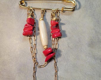 Afrocentric Red Coral & Bone Safety Pin Brooch, Gold Chain Dangle Scarf Pin, Tribal Statement Kilt Pin for Cardigan Shawl Coat -Ginger