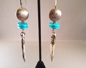 Gray Shoulder Duster Statement Earrings | Batik Bone Pendants, Turquoise Wood | Long, Lightweight | Tribal Jewelry --Storm Cloud