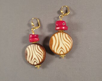 Red Coral & Zebra Print Batik Bone Earrings | pierced or clip-on | brown off-white, gold | bold tribal Afrocentric style -Z-Chic Around